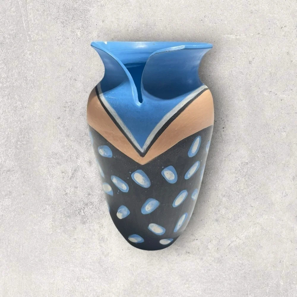 Blue & Beige Artistic Vase, Native American pottery, artist signature 